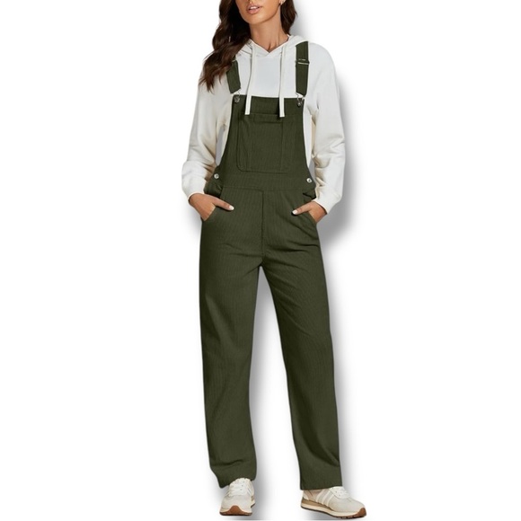 NWT Corduroy Baggy Bib Carpenter Stretch Overalls Straight Leg Olive Green Women - Picture 1 of 5